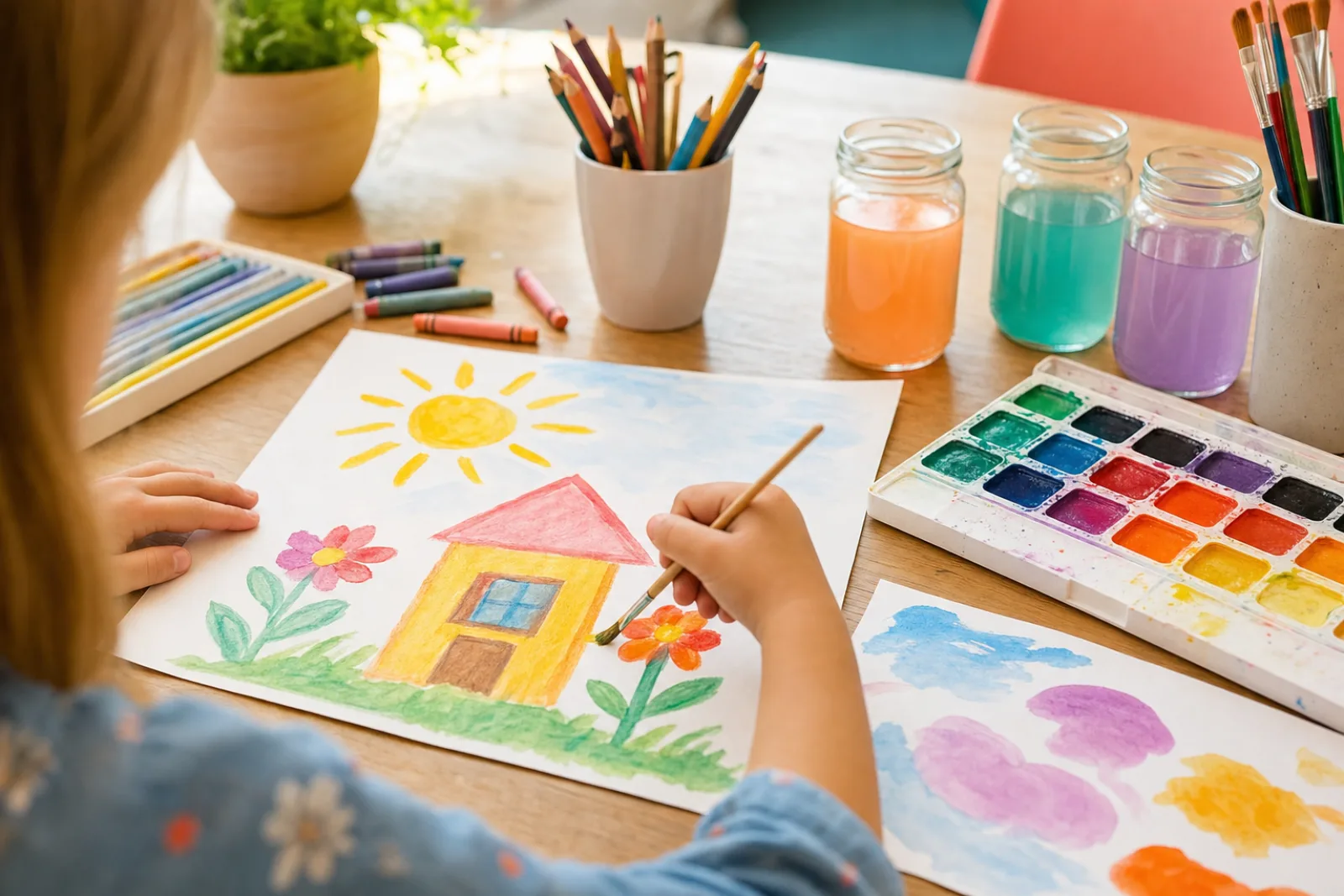 طفلة ترسم بيتًا وشمسًا بالألوان المائية في دورة رسم للأطفال