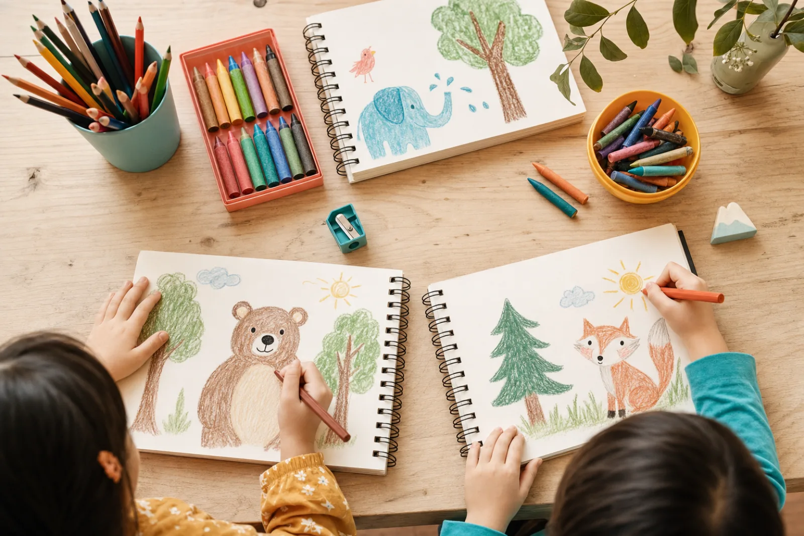 أطفال يرسمون حيوانات بأقلام التلوين في كورس رسم للأطفال
