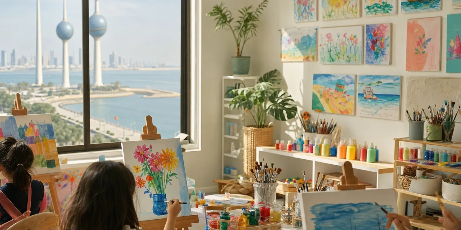 أطفال يرسمون على حوامل الرسم في مرسم مشرق في الكويت