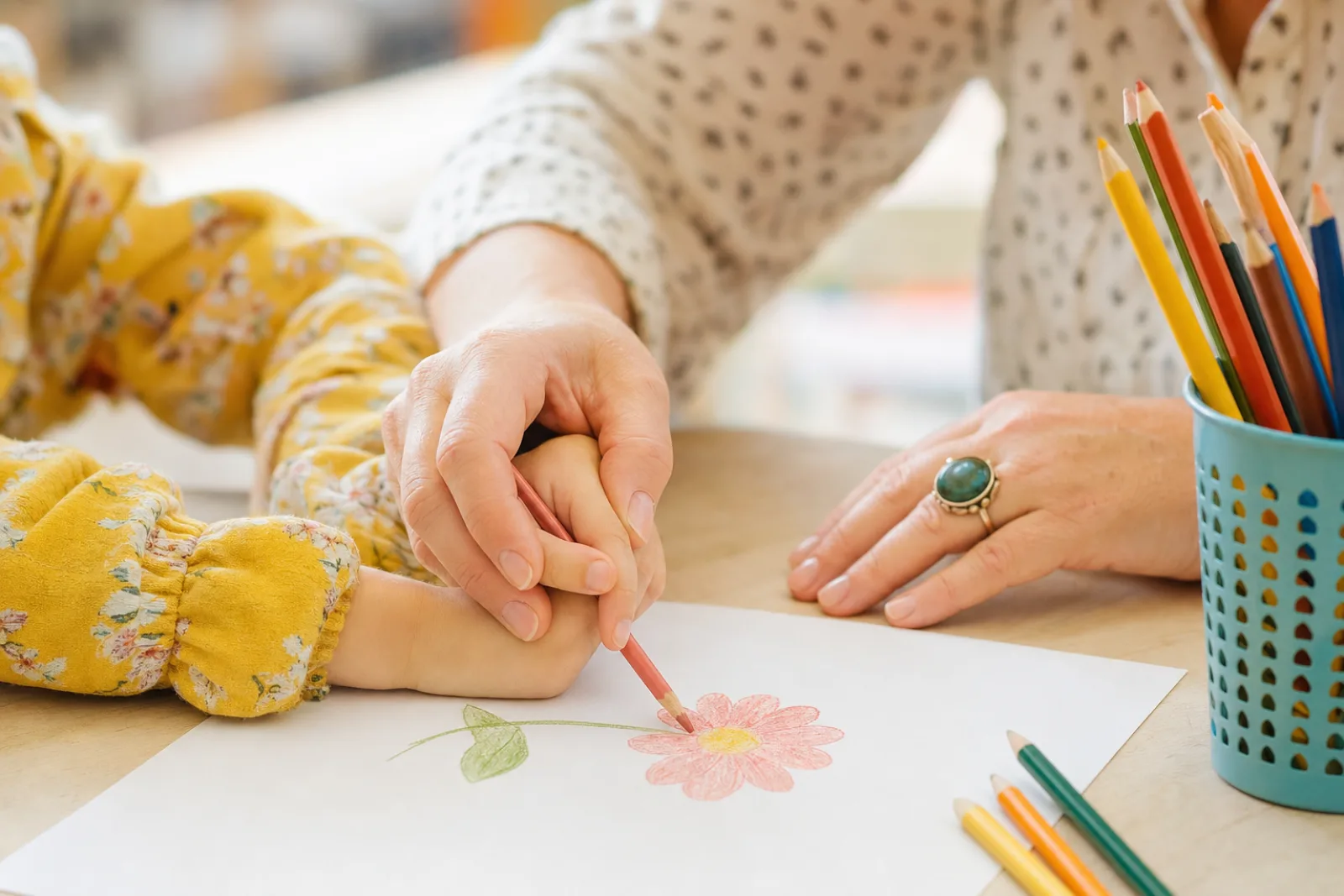 معلمة رسم للأطفال توجه يد طفلة أثناء رسم زهرة